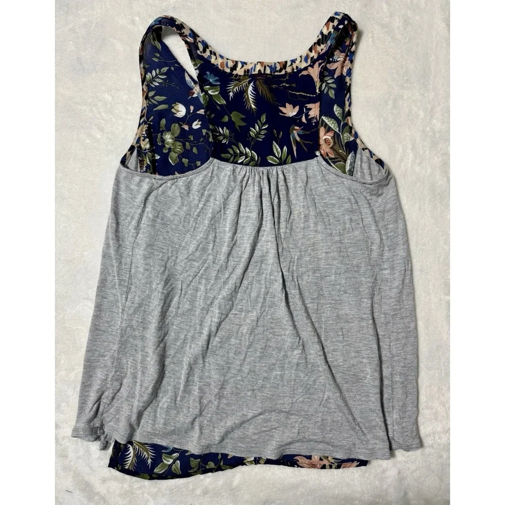 Tiny Anthropologie Zuma Navy Blue Gray Bird Floral Print Tank Top Blouse Size XS
